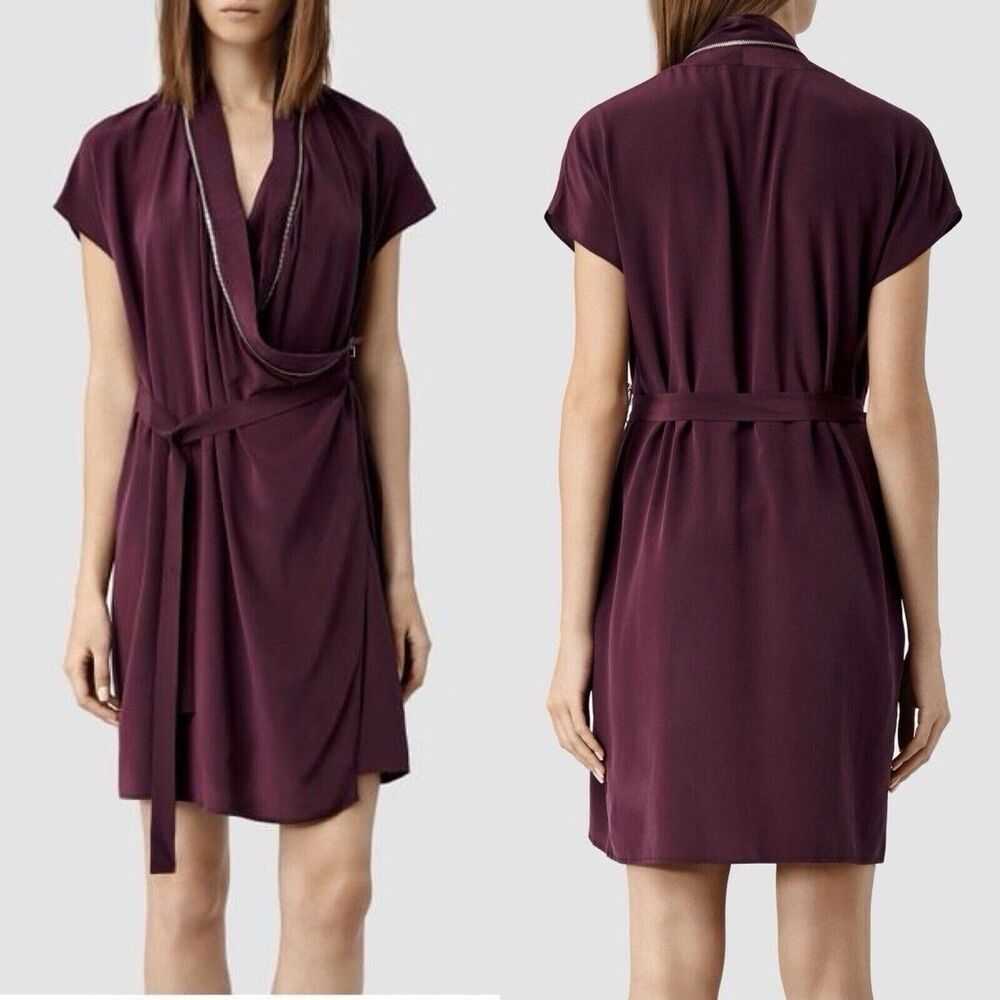 $325 NWT ALLSAINTS Womens Size 8 Deep Burgundy 100% Silk Adria Zipper Wrap Dress